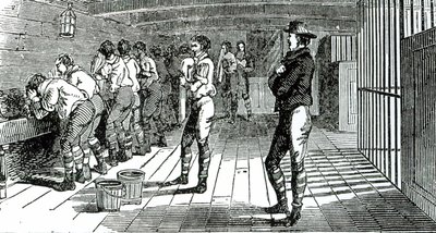 Vaskerommet under dekk - fordømte fagforeningsfolk blir fraktet til Australia, illustrert i The Martyrs of Tolpuddle, utgitt av Trades Union Congress, 1834 av English School