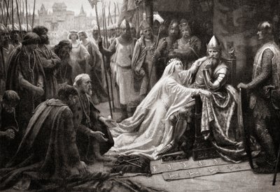 Kona til kong Edward III, dronning Philippa av Hainault, går i forbønn for mannen sin for å be om at livene til de syv borgerne i Calais skal spares (trykk) av English School