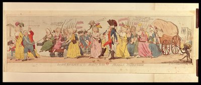 Kvinnene i Les Halles tar Louis XVI (1754-93) fra Versailles, utgitt av S.W. Fores, 1789 (håndfarget gravering) av English School