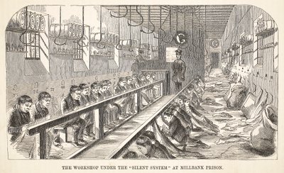 Verkstedet under Silent System i Millbank Prison, illustrasjon fra The Criminal Prisons of London og Scenes from Prison Life av Henry Mayhew og John Binny, pub. 1862 av English School