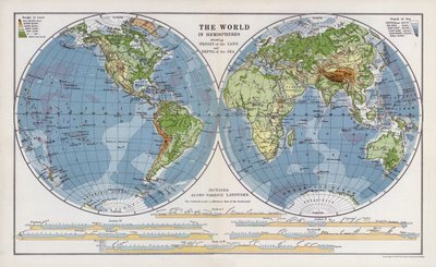Verden i halvkuler som viser høyden på landet og dybden på havet (farge litho) av English School