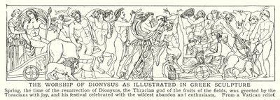 Tilbedelsen av Dionysos som illustrert i gresk skulptur (litho) av English School