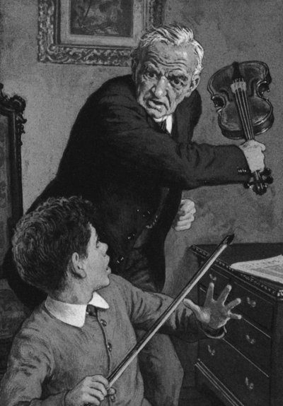 Den unge Sir John Barbirolli, i ferd med å få en fiolin knust over hodet av bestefaren (litho) av English School