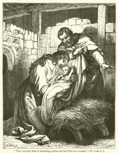"De svøpte ham i svøp og la ham i en krybbe", St Luke, ii, 7 (gravering) av English School