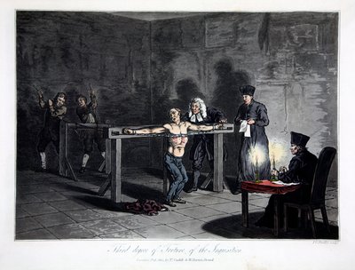 Inkvisisjonens tredje grad av tortur, gravert av LC Stadler, pub. av Cadell & Davies, London, ca. 1813 (farget gravering) av English School