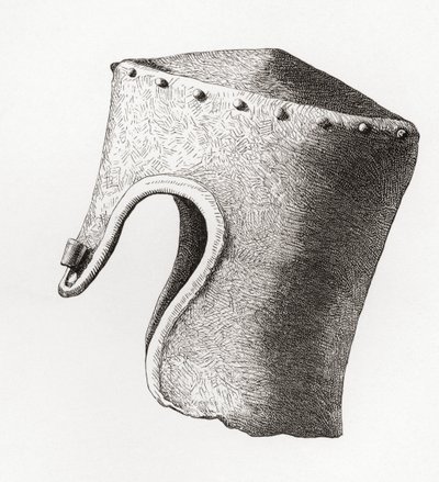Trettende århundre sylindrisk flattopp hjelm med nese, gravd opp ved Montgomery Castle i 1841, fra The British Army: Its Origins, Progress and Equipment, publisert 1868. av English School