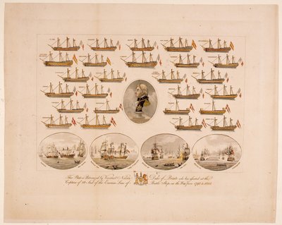 Denne platen er beskyttet av Viscount Nelson Duke of Bronte som har assistert ved fangsten av 26 Seil of the Enemies Line of Battle Ships i krigen fra 1793 til 1805 (farget gravering) av English School
