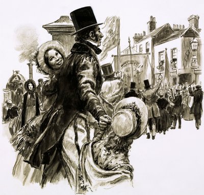 Thomas Cook organiserte sin første tur i 1841 (gouache på papir) av English School