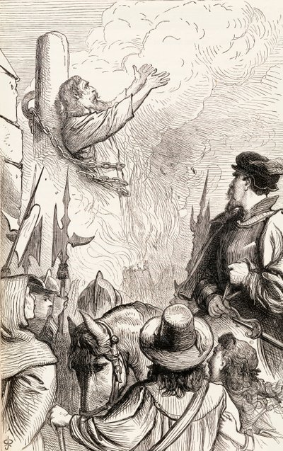 Thomas Hawkes brant på bålet under Marian-forfølgelsene, ca. 1865 (tregravering) av English School
