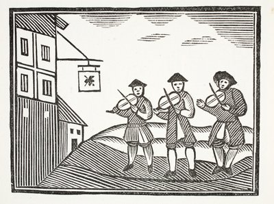 Three Fidlers in Thames Street, som spilte opp en brudgom om morgenen, som ikke ga dem noe å drikke, illustrasjon fra Chap-books of the Eighteenth Century av John Ashton, pub. 1882 av English School