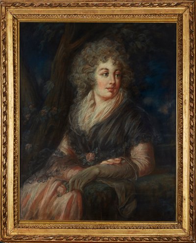 Tre fjerdedels lengde portrett av en dame i attende århundre kjole (pastell) av English School