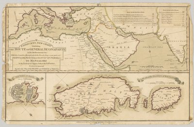 Tre trykte fargede kart: Fairburns nye kart som viser ruten til General Bonaparte i Middelhavet, 1798 av English School