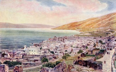 Tiberius og Genesaretsjøen, Israel, ca. 1910 (litho-farge) av English School