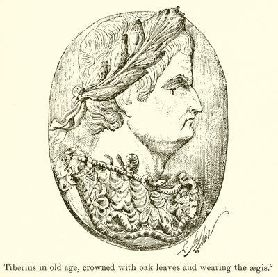 Tiberius i alderdom, kronet med eikeløv og iført Aegis av English School