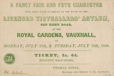 Billett til A Fancy Fair og Fete Champetre i Royal Gardens, Vauxhall, London av English School