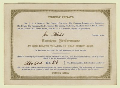 Billett til Charles Dickens amatørdramatiske forestilling, 1845 av English School