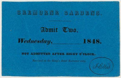 Billett til Cremorne Gardens, London, 1848 av English School