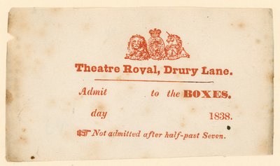 Billett til Drury Lane Theatre, London av English School