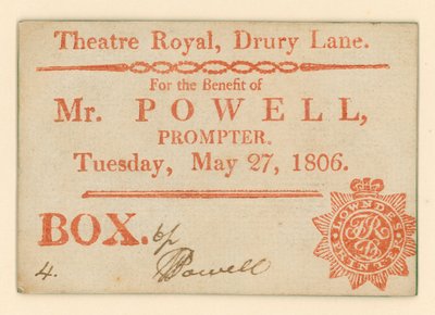 Billett til Drury Lane Theatre, London: For the Benefit of Mr Powell, sufflør, 27. mai 1806 av English School