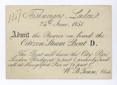 Billett for fiskehandlere i London for å ta en båttur på Citizen Steam Boat, 24. juni 1851 av English School