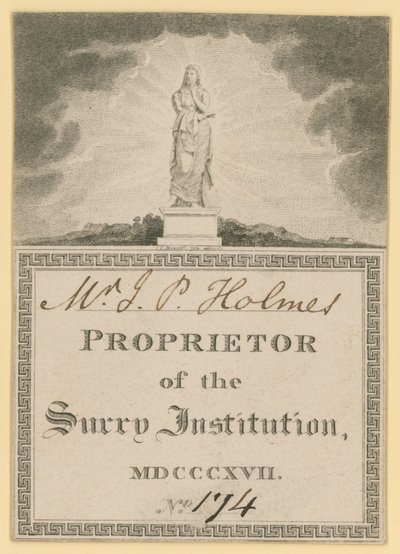 Billett for innehaver av Surrey Institution, datert 1817 av English School