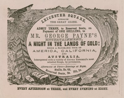 Billett for inngang til Mr George Paynes underholdning A Night in the Lands of Gold av English School