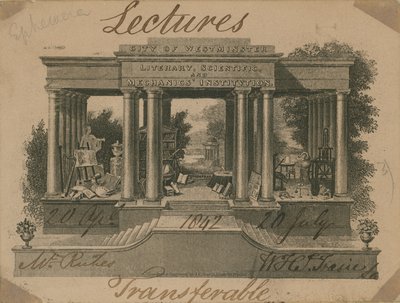 Billett til forelesninger ved City of Westminster Literary, Scientific and Mechanics Institution av English School