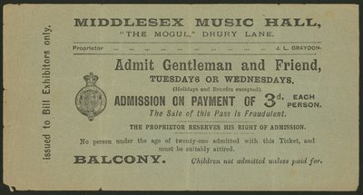 Billett til Middlesex Music Hall, The Mogul, Drury Lane, London av English School