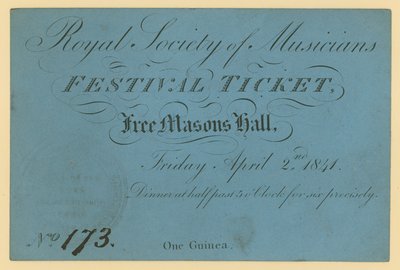 Billett til Royal Society of Musicians Festival, Free Masons Hall av English School