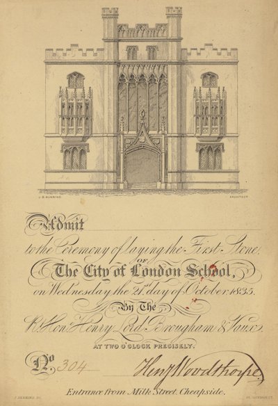 Billett for legging av den første steinen til City of London School, 21. oktober 1835 av English School