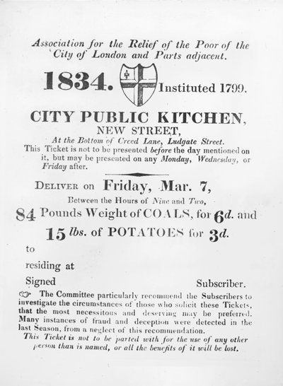 Billett utstedt til de fattige for å motta kull og poteter fra City Public Kitchen, New Street, London, 1834 av English School