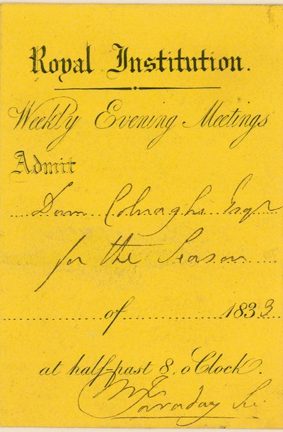 Inngangsbillett til Royal Institution, Albemarle Street, London, til et foredrag av Michael Faraday av English School