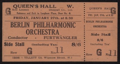 Billett til en konsert av Berlin Philharmonic Orchestra, Queens Hall, London fredag 27. januar 1928 av English School