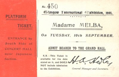 Billett for å høre Nellie Melba på Glasgow International Exhibition, 1901 (trykk) av English School