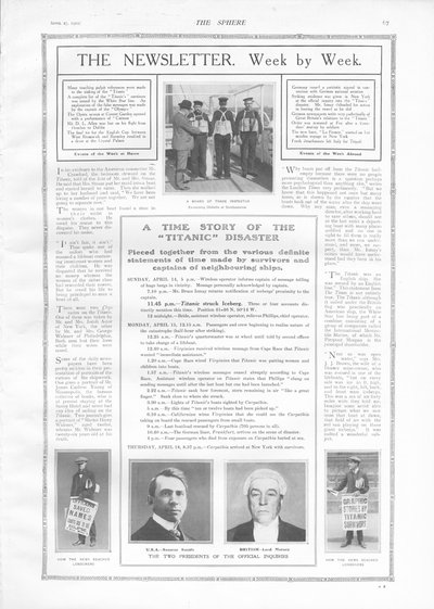 Tidslinje for hendelser og artikler om forliset av Titanic, fra The Sphere, 27. april 1912 av English School