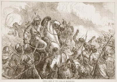 Tippoo Sahib på linjene til Travancore, illustrasjon fra Cassells Illustrated History of India av James Grant, pub. 1879 av English School