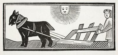 Dette er en plog som bryter opp jordens tarmer for såing av mais, illustrasjon fra Chap-books of the Eighteenth Century av John Ashton, pub. 1882 av English School