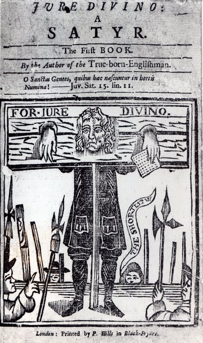 Tittelsiden til den første boken til Jure Divino - A Satyr av Daniel Defoe (1660-1731) utgitt i 1706 av English School