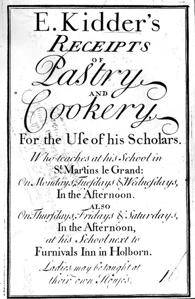 Tittelside for E. Kidders Receipts of Pastry and Cookery, av Edward Kidder, utgitt ca. 1730 av English School