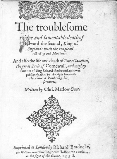 Tittelside for Edward II av Christopher Marlowe, utgitt 1598 (trykt papir) av English School
