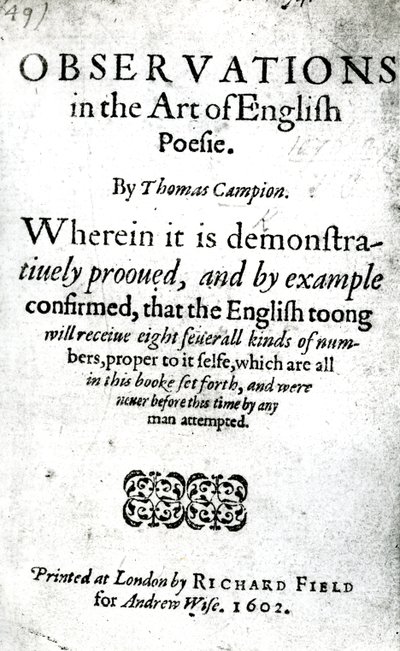 Tittelside for Observations in the Art of English Poesie av Thomas Campion, utgitt 1602 (trykt papir) av English School