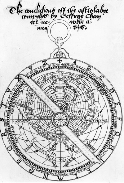Tittelside for The Conclusions of the Astrolabye Compylyd av Geoffrey Chaucer Newlye Amendyd av Walter Stevins, ca. 1555 (penn og blekk på papir) av English School