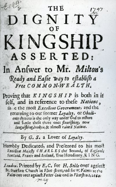 Tittelside for The Dignity of Kingship Asserted by G.S. a Lover of Loyalty, utgitt 1660 (trykt papir) av English School