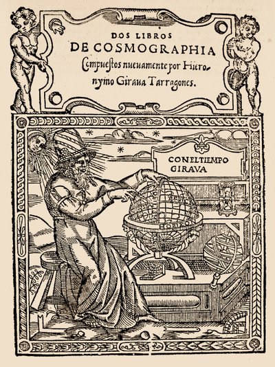 Tittelside for Two Books of Cosmography av Hieronymo Girana Tarragones, fra The Narrative and Critical History of America, redigert av Justin Winsor, London, 1886 (treblokktrykk) av English School