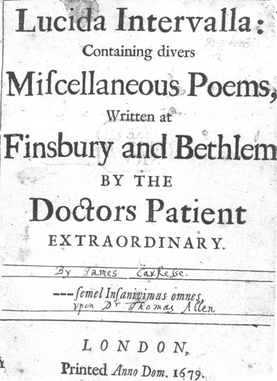 Tittelside til Lucida Intervalla av James Carkesse, utgitt 1679 (trykt papir) av English School