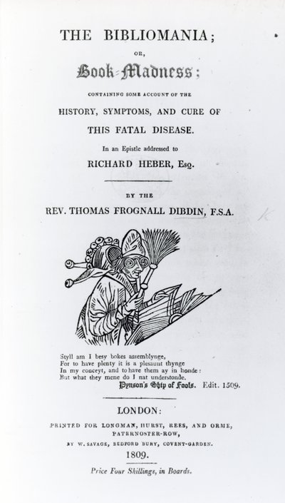 Tittelside til The Bibliomania av pastor Thomas Frognall Dibdin, utgitt 1809 (trykt papir) av English School