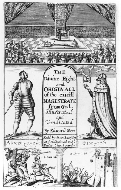Tittelside til The Divine Right and Original of the Civil Magistrate from God, gravert av Edward Gee, 1658 av English School