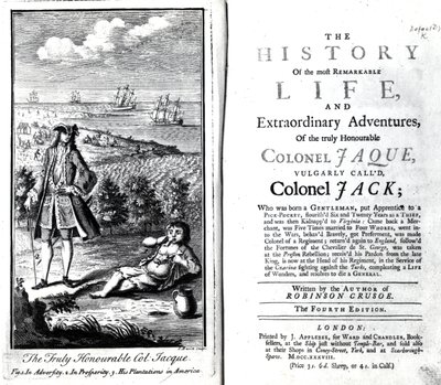 Tittelside og frontispice for historien om det mest bemerkelsesverdige livet og ekstraordinære eventyr til den virkelig ærede oberst Jaque av Daniel Defoe, 1738 av English School