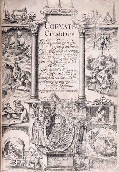 Tittelside fra "Coryats Crudities slukte raskt opp på fem måneders reiser i Frankrike, Savoy, Italia, Rhetia, ofte kalt Grisons Country, Helvetia alias Sveits, noen deler av Høy-Tyskland og Nederland", 1611 av English School