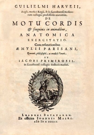 Tittelsiden fra «De Motu Cordis set Sanguinis in Animalibus» (Hjertets og blodets bevegelse i levende vesener) av William Harvey (1578–1657) utgitt i 1628. av English School